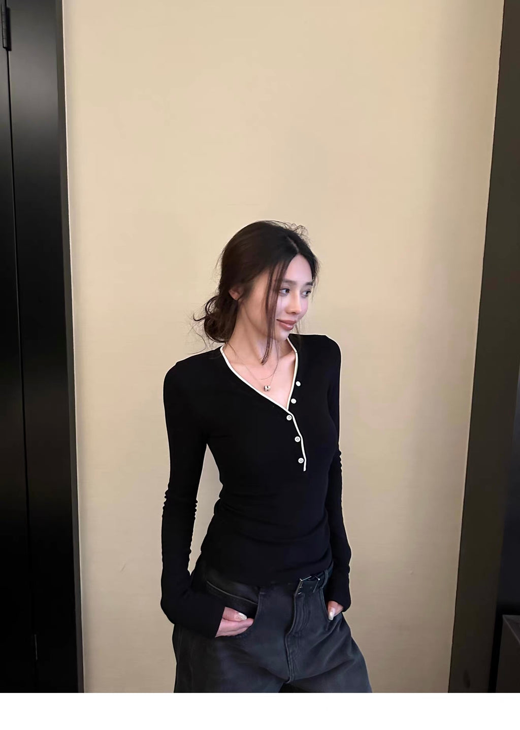 Contrast Trim Button Long Sleeve Top