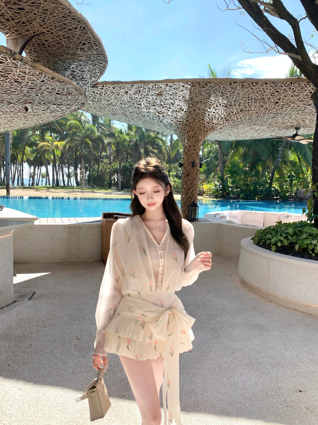 Pearl Lace Chiffon Mini Dress