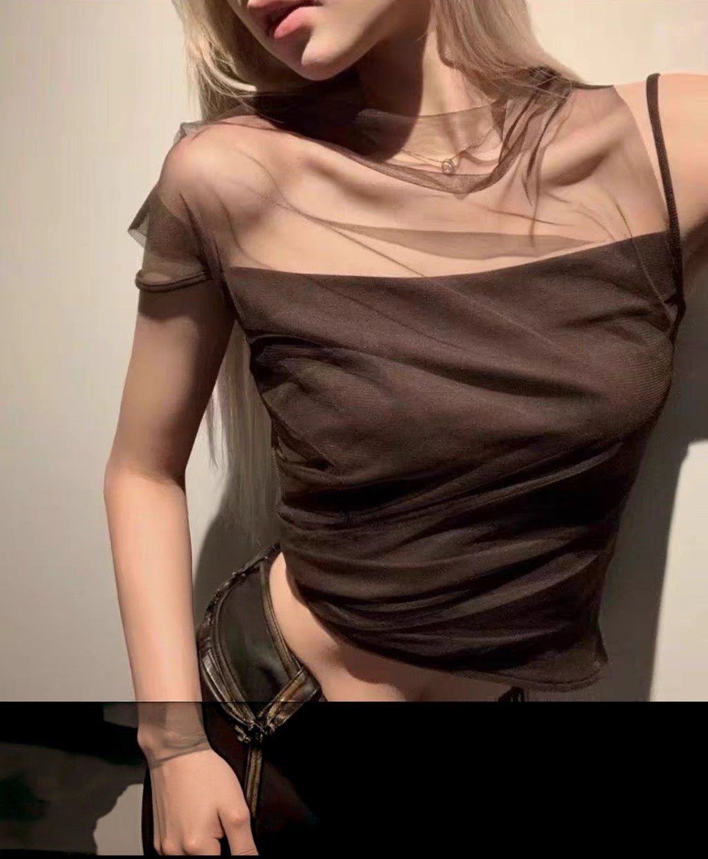 Selene Mesh Off-Shoulder Top – Espresso