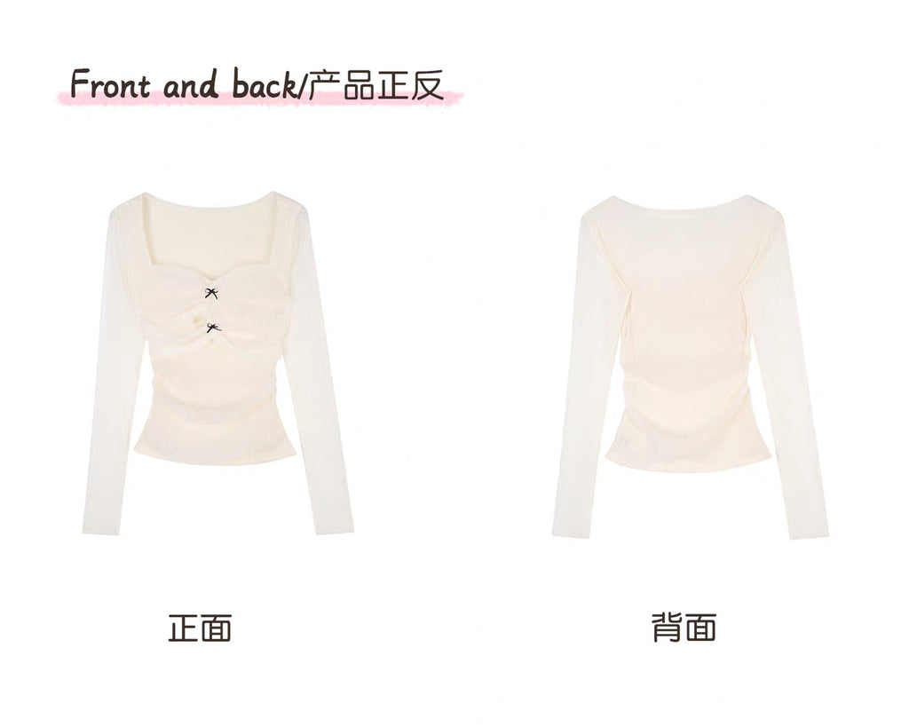 Lace Bow Ruched Long Sleeve Top