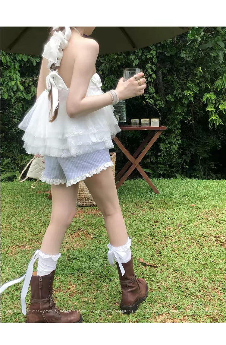 蜇光古匣/Lace Layer Ribbon Halter Top