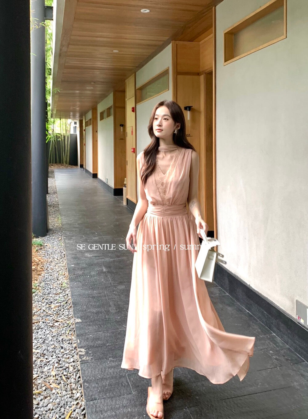 Rosé Lace Chiffon Maxi Dress