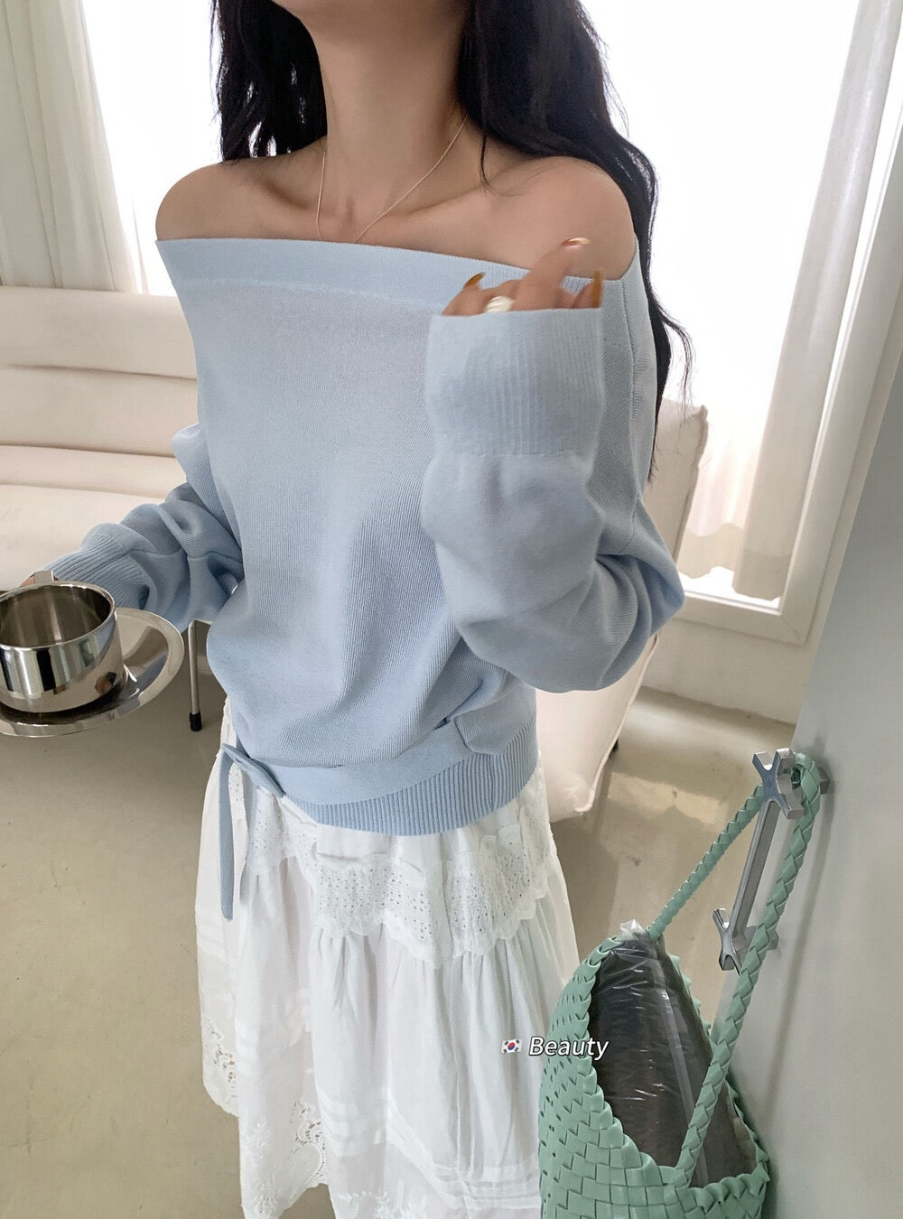 Soft Off-Shoulder Tie Knit Top