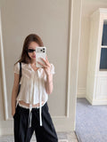 Ribbon Tie Puff Sleeve Lace Blouse