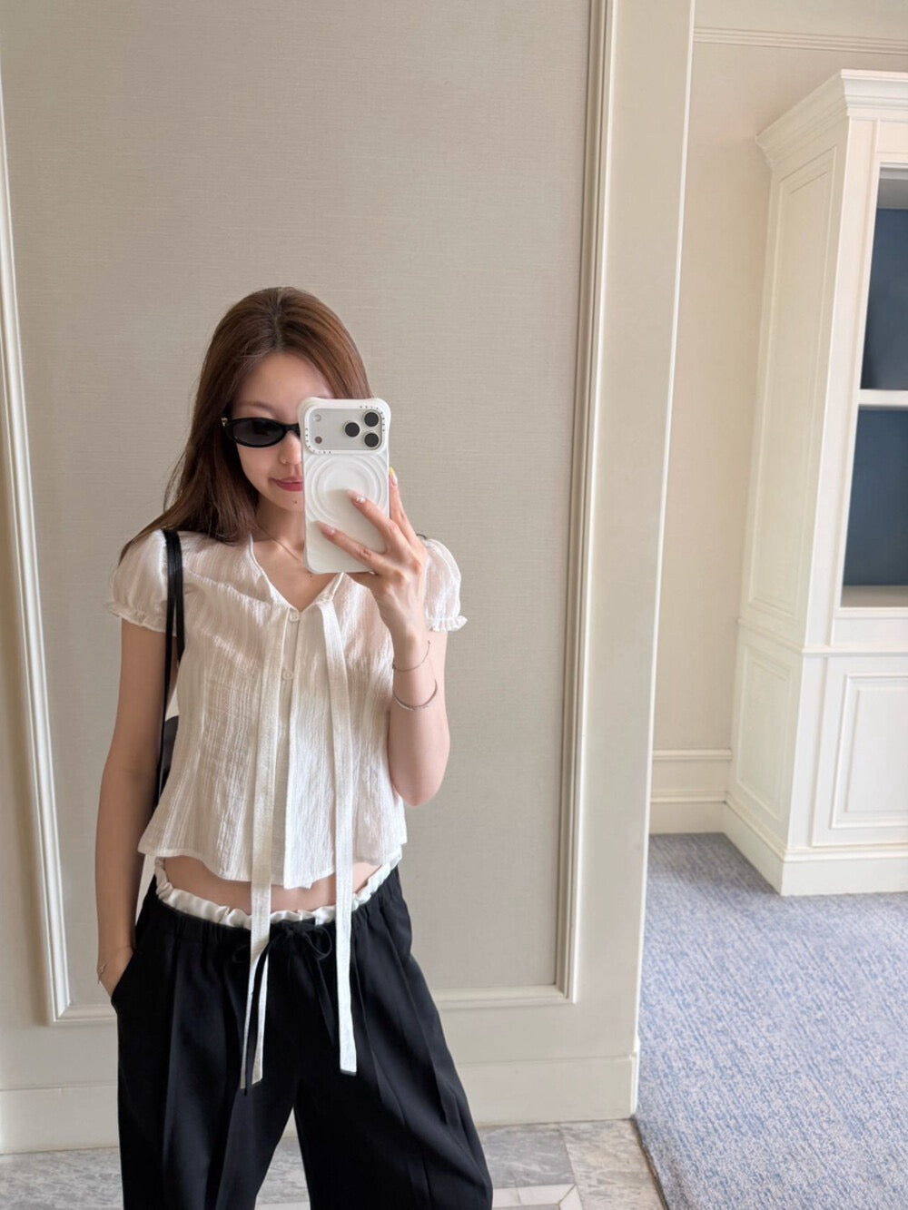 Ribbon Tie Puff Sleeve Lace Blouse