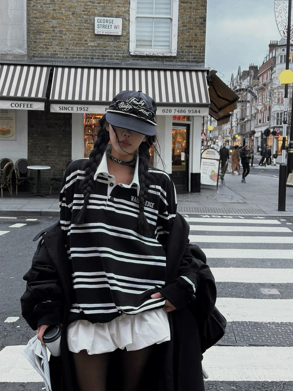 Black & White Striped Layered Polo Sweatshirt