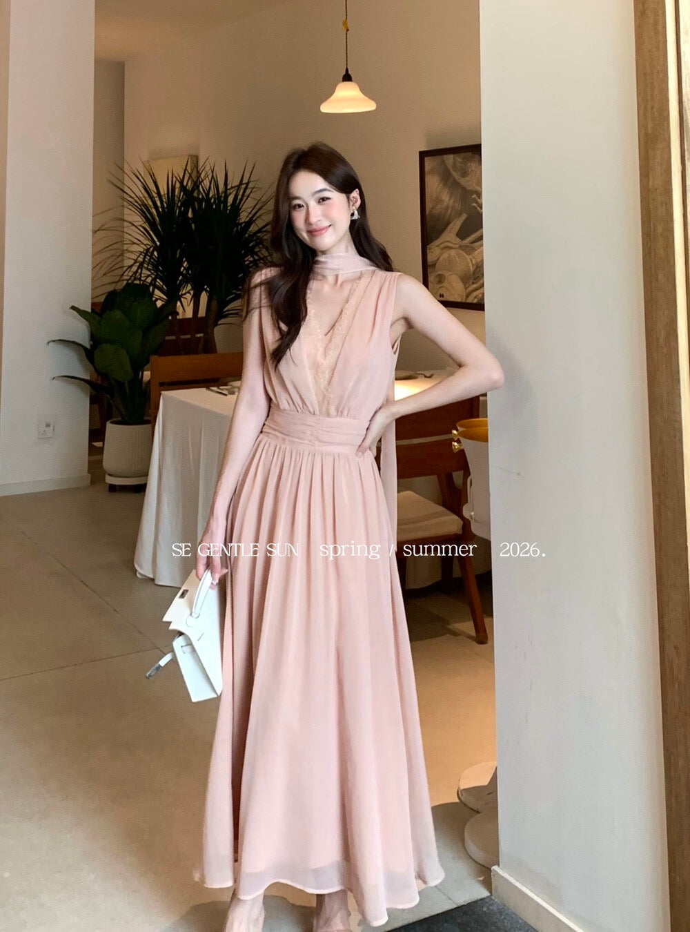 Rosé Lace Chiffon Maxi Dress