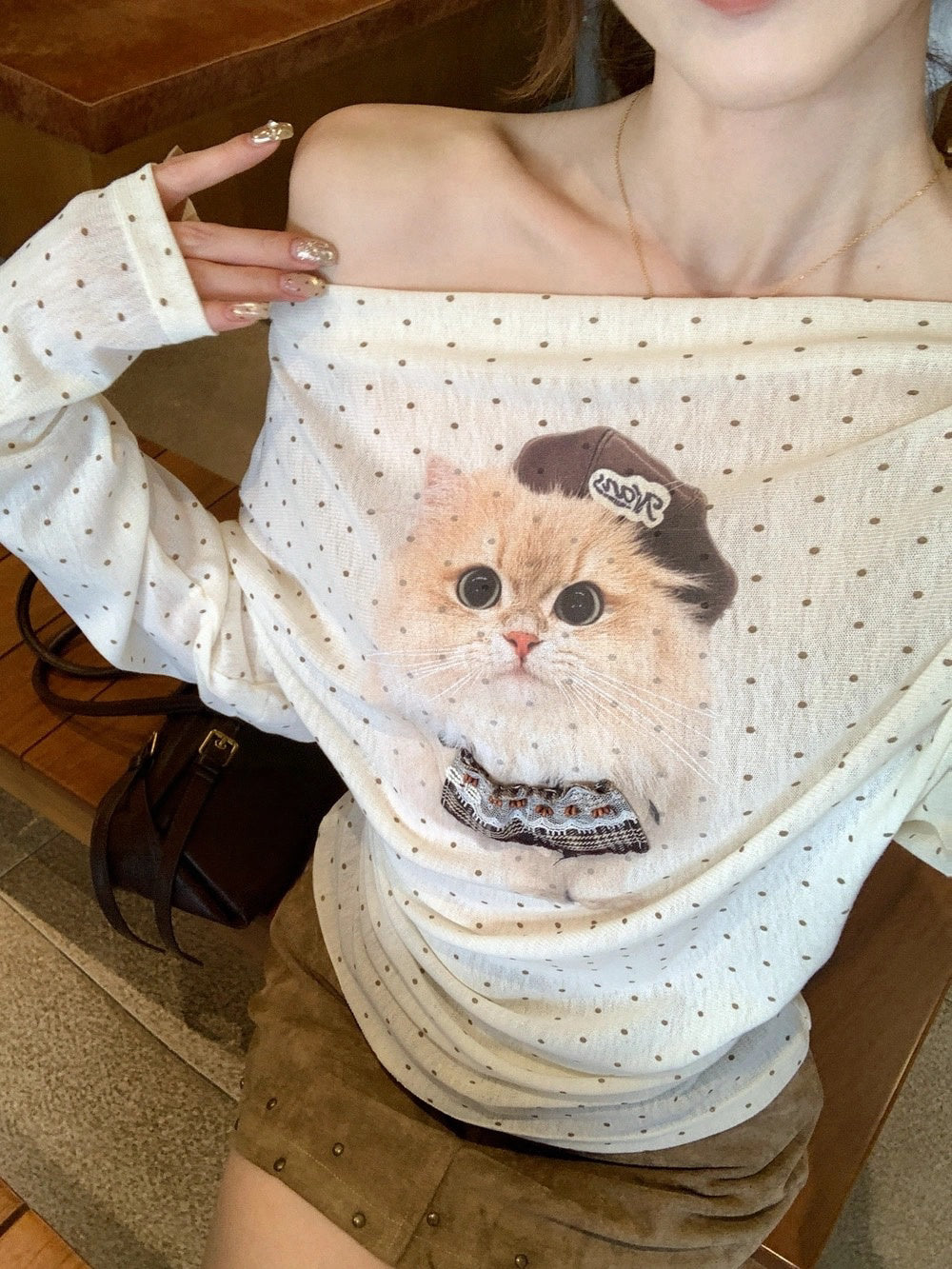Mischief Kitty Off-Shoulder Top - front view