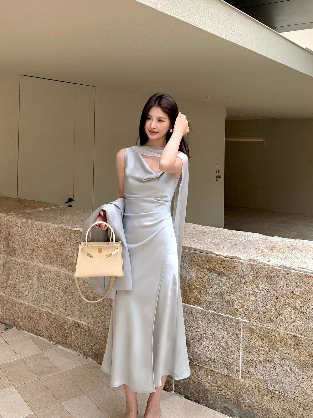 Soft Drape Slip Midi Dress with Sheer Scarf