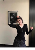 Contrast Trim Button Long Sleeve Top