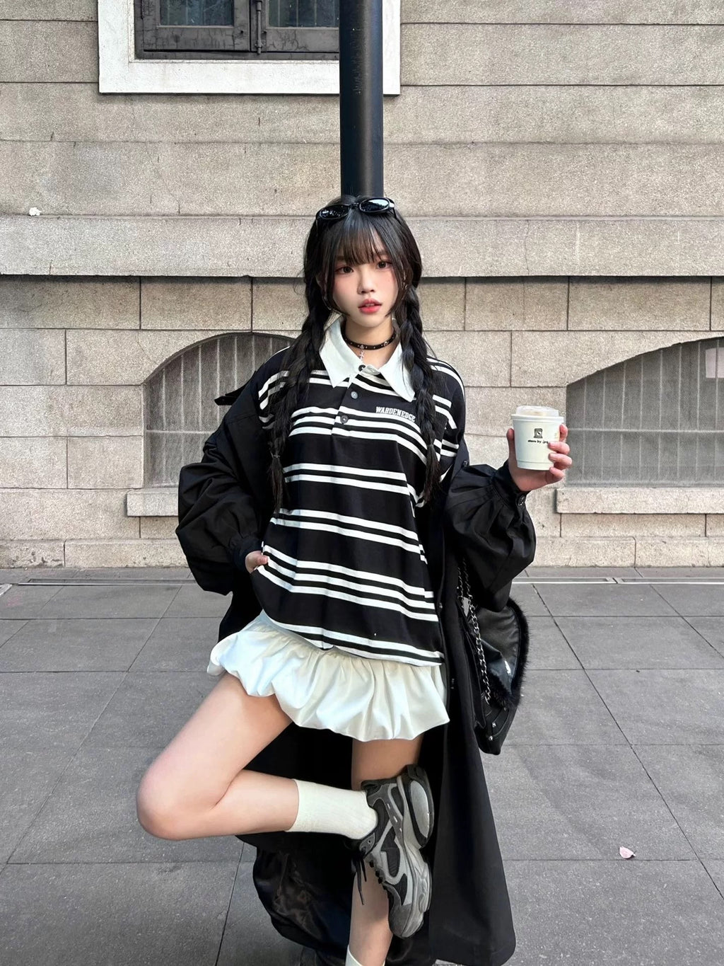 Black & White Striped Layered Polo Sweatshirt