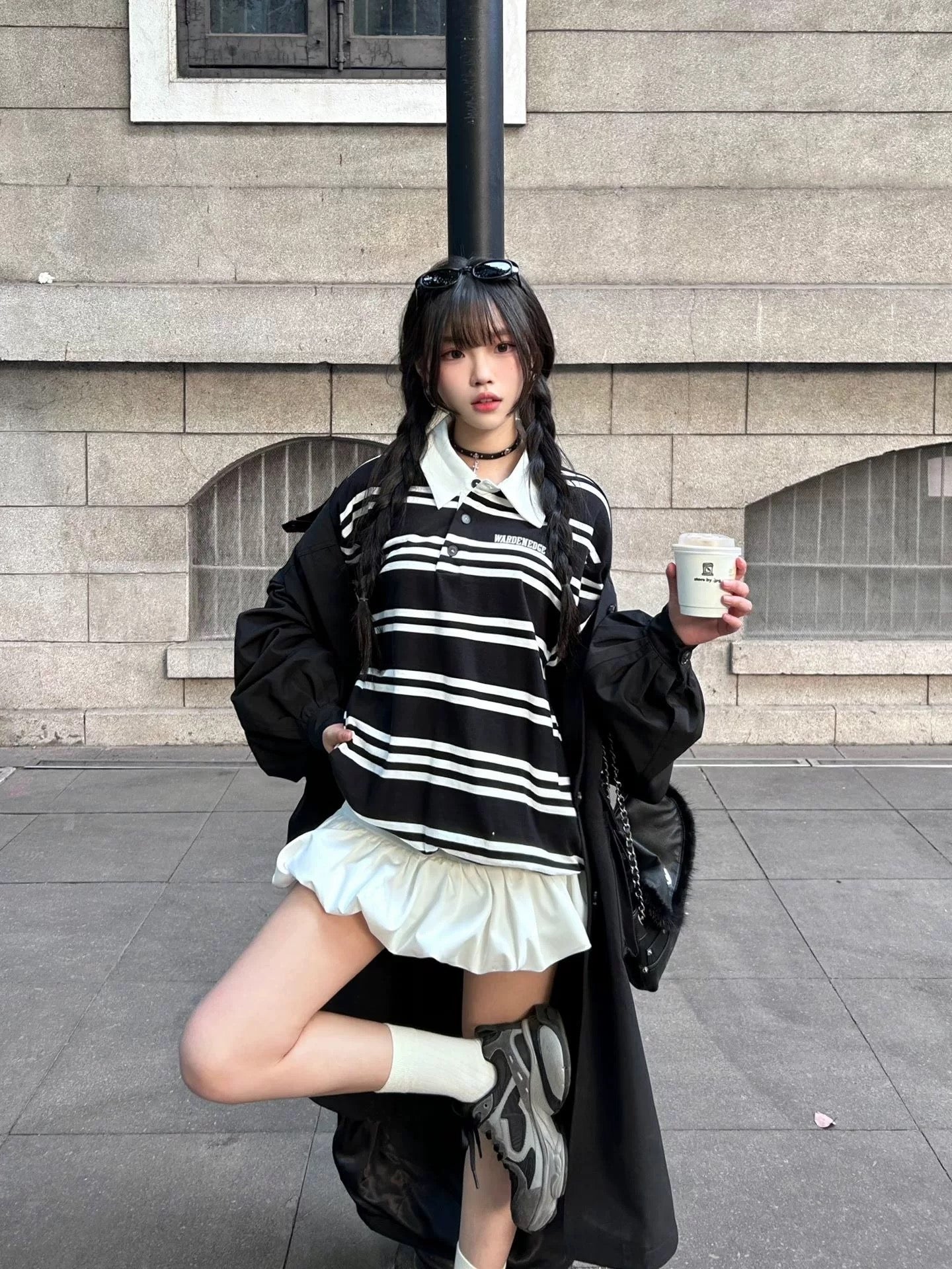 Black & White Striped Layered Polo Sweatshirt