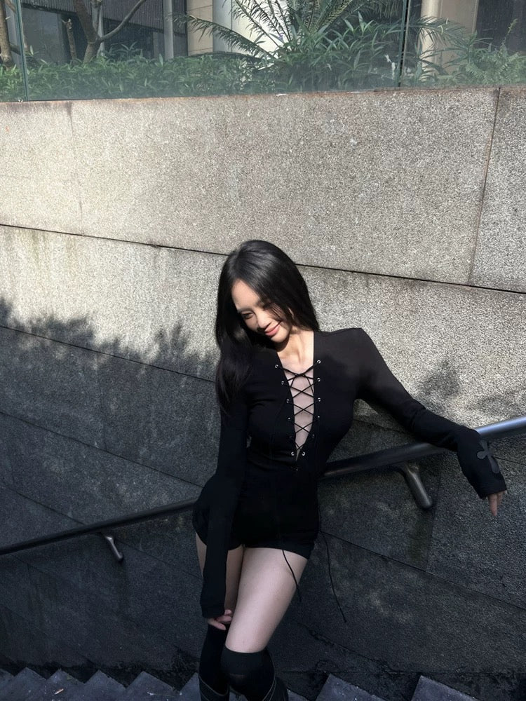 Noir Lace-Up Knit Romper