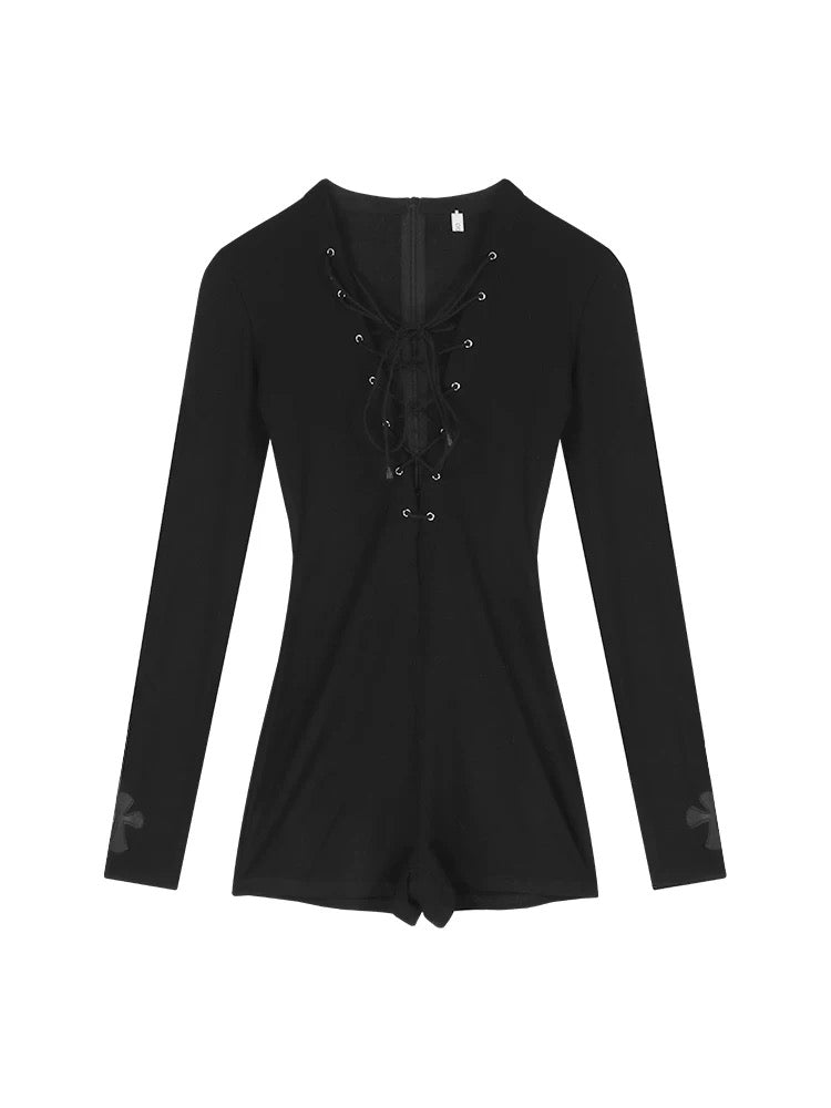 Noir Lace-Up Knit Romper