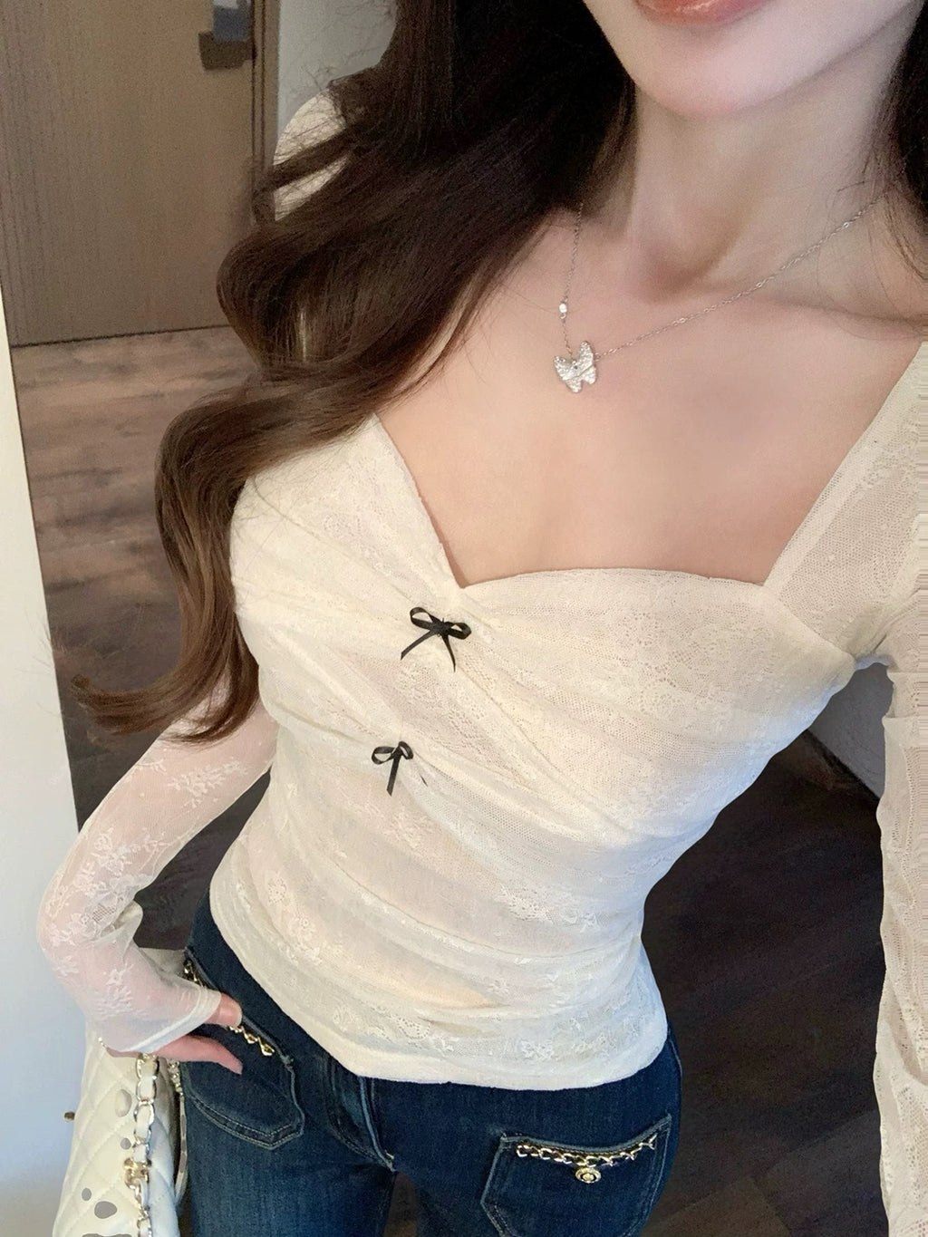Lace Bow Ruched Long Sleeve Top