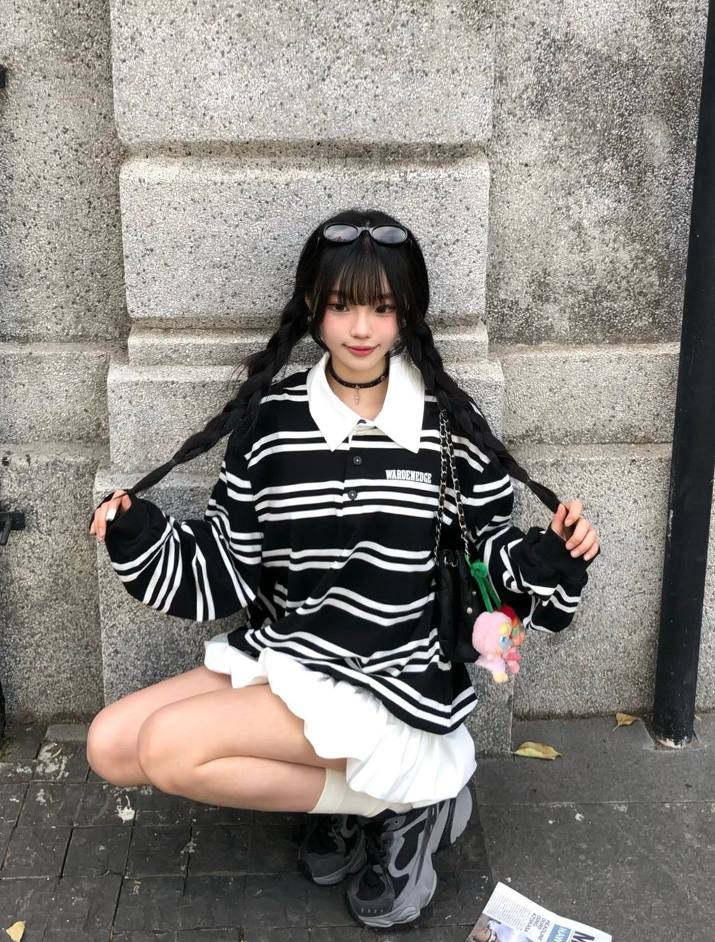 Black & White Striped Layered Polo Sweatshirt