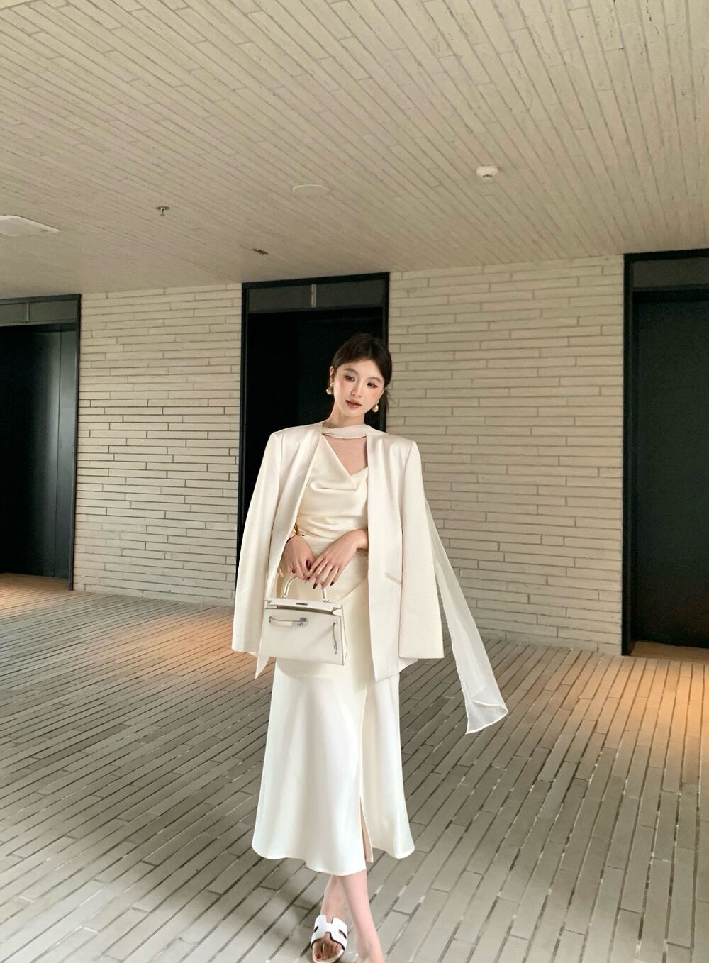 Soft Drape Slip Midi Dress with Sheer Scarf