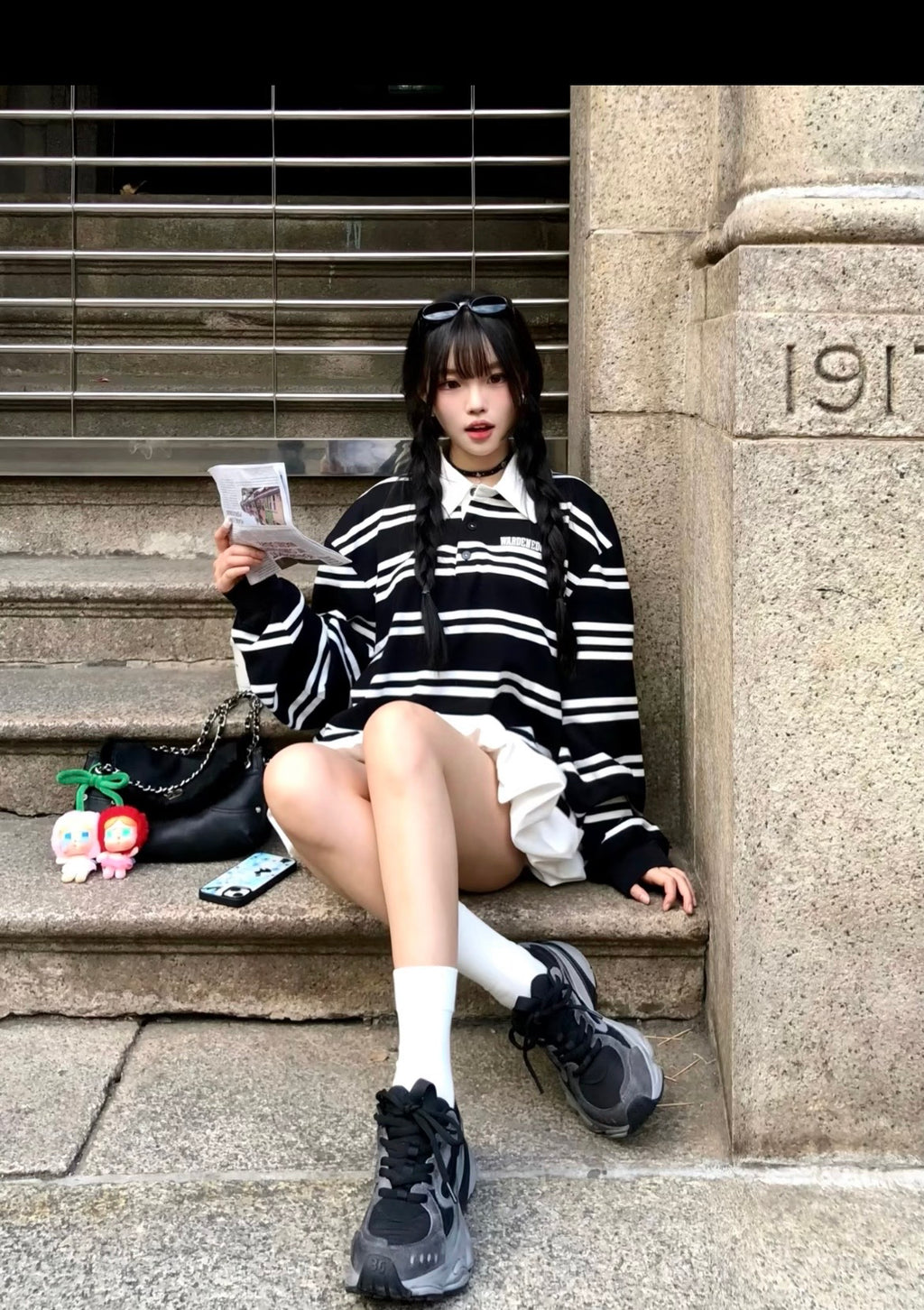 Black & White Striped Layered Polo Sweatshirt
